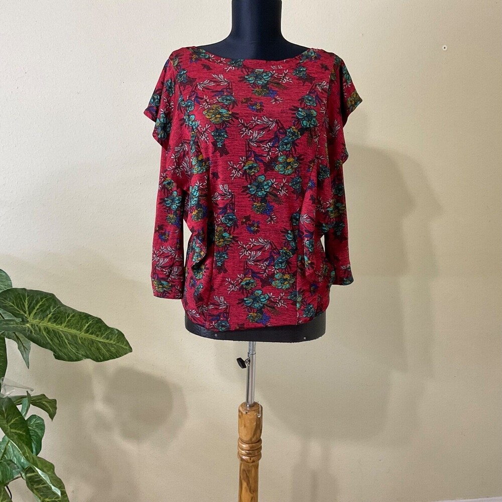Free People Dock Street Red Floral Print Ruffle 3/4 Sleeve missing sz tag -XS